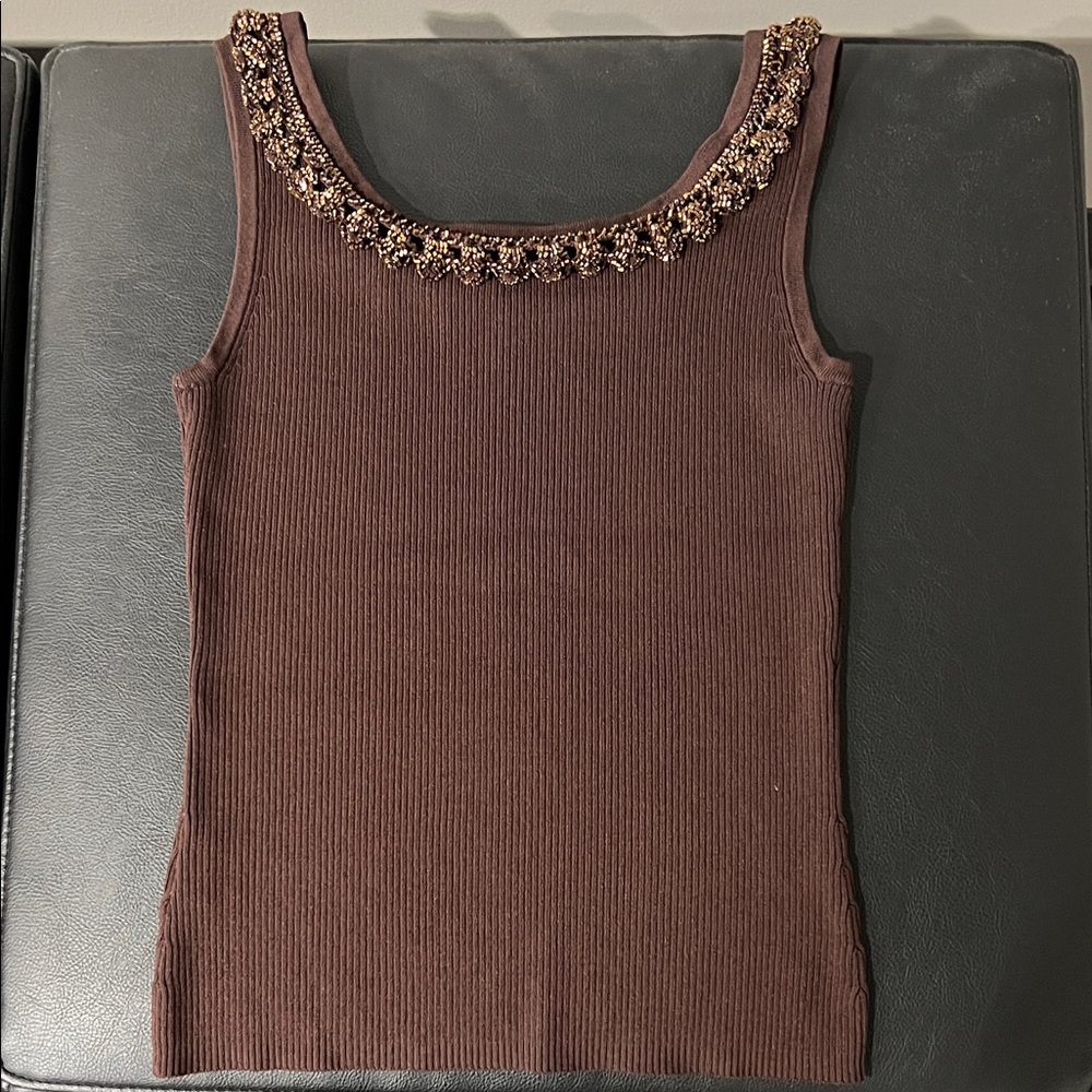 Beaded Brown Ribbed Tank Top - Picture 2 of 5